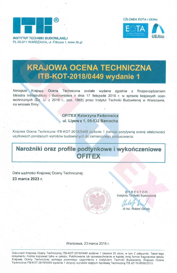 Aprobata Techniczna Instytutu Techniki Budowlanej ITB-KOT-2018/0449 dla profili budowlanych z PCV produkowanych przez firmę OFITEX.